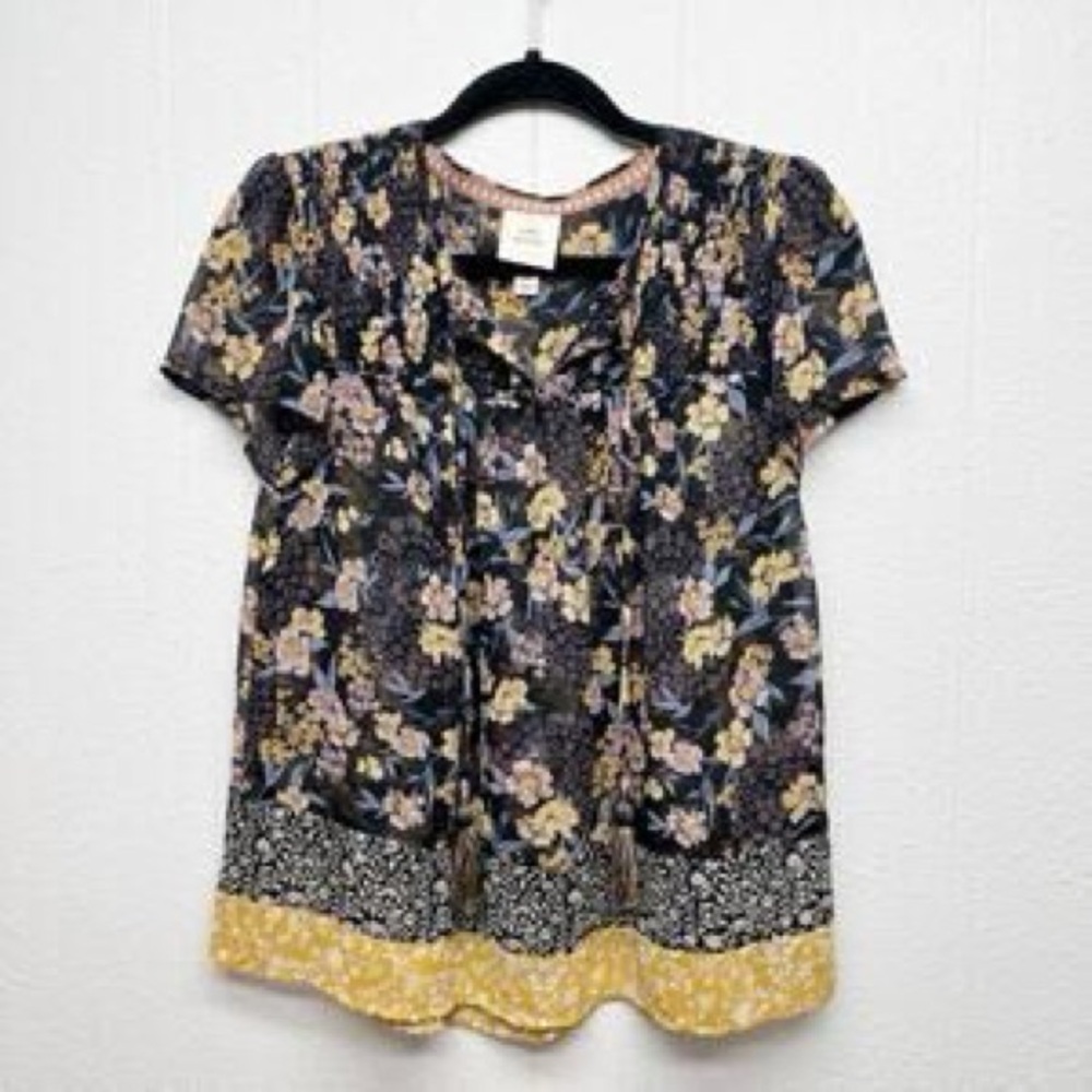 Knox Rose Black Floral Blouse with Yellow Accents Medium 👚💁‍♀️